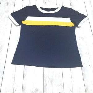 Medium Navy Blue with yellow and white striped top.